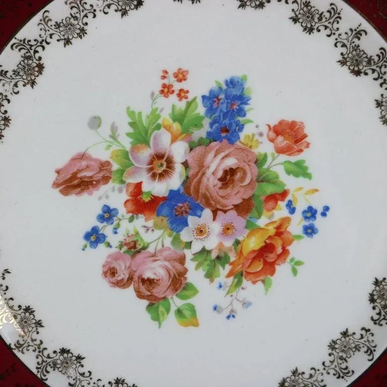 Early 20th Century Atlas Burgundy & Gilt Rim China Dinner Plates with Floral Well- Set of 6 - 7