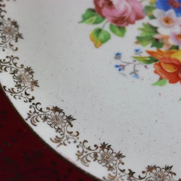 Early 20th Century Atlas Burgundy & Gilt Rim China Dinner Plates with Floral Well- Set of 6 - 8