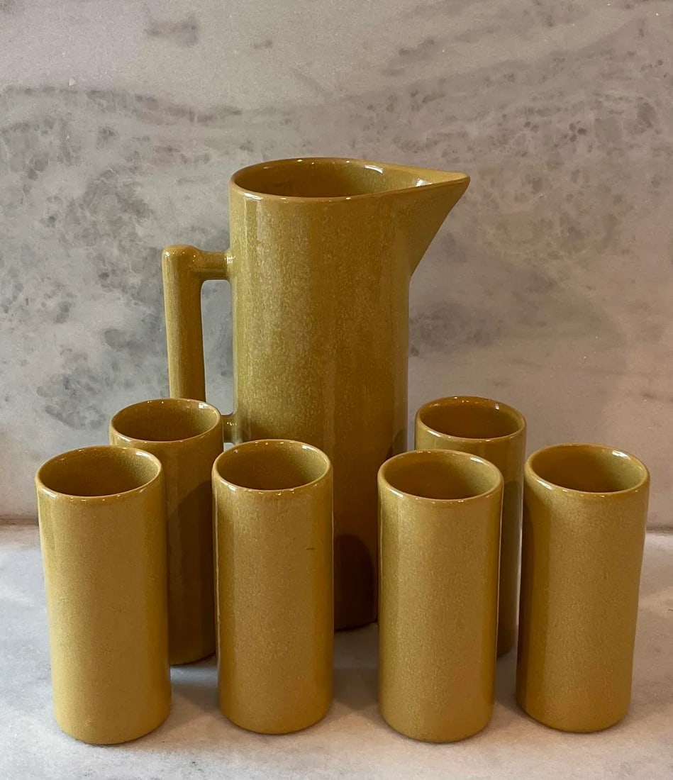 Mid Century Moern Dryden Studio Art Pottery Glazed Pitcher and 6 Glasses - 13