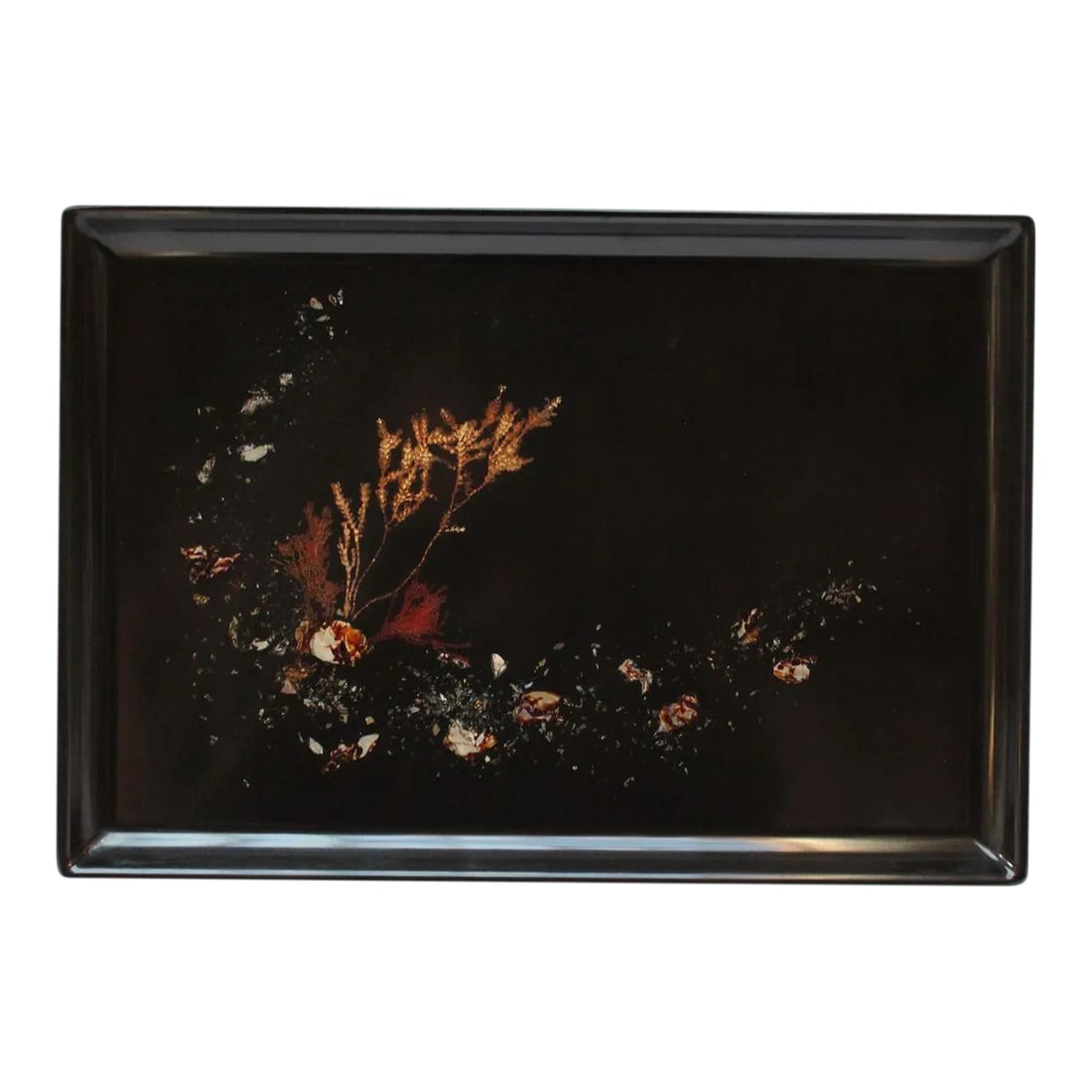 Large Early Rectangular Mid-Century Black Resin Inlaid "Seascape" Tray by Couroc: Large tray by Couroc of Monterey, California with an inlaid "seascape"/"sea life" motif (early example, circa 1950s). Composed of a black lacquer phenolic resin (water, burn, stain, and detergent