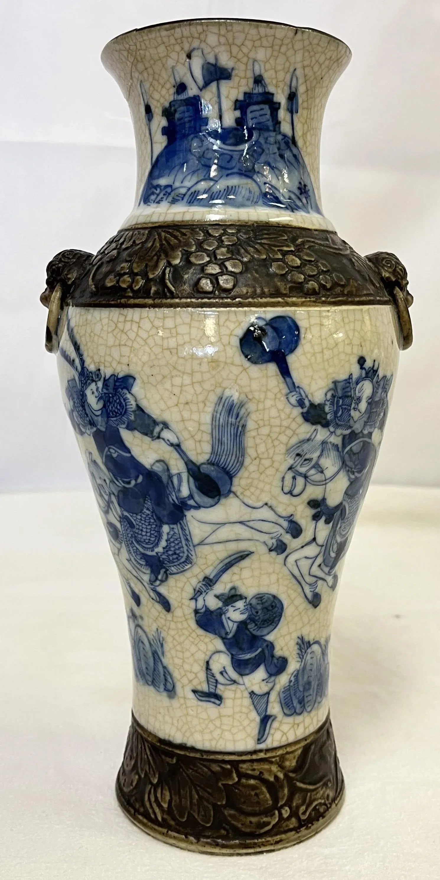 Early 20th Century Chinoiserie Hand Painted Blue and White Crackle Finish Porcelain Vase - 13