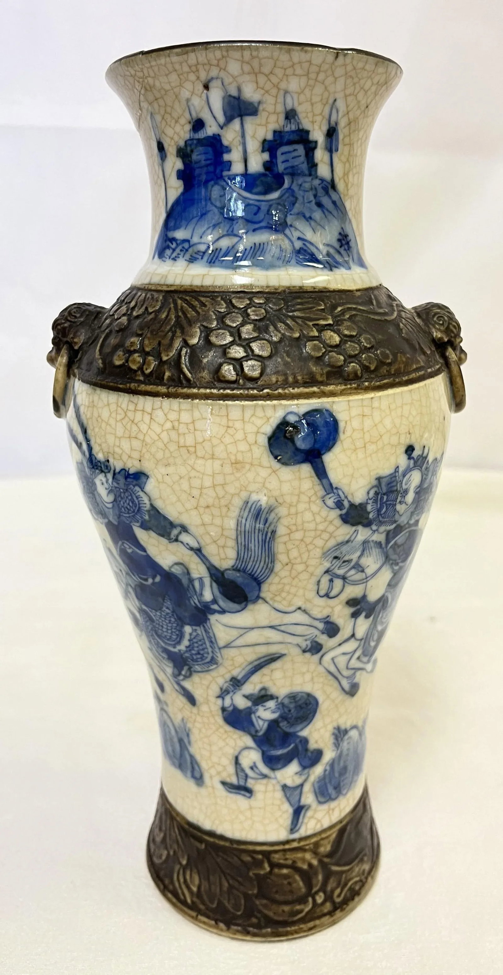 Early 20th Century Chinoiserie Hand Painted Blue and White Crackle Finish Porcelain Vase - 2