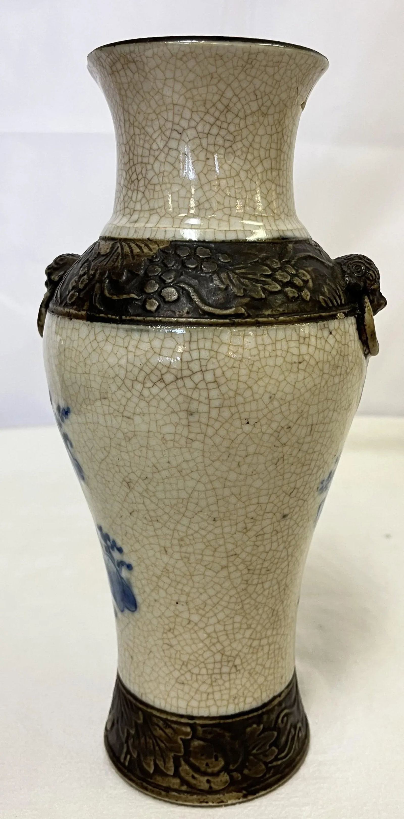 Early 20th Century Chinoiserie Hand Painted Blue and White Crackle Finish Porcelain Vase - 6