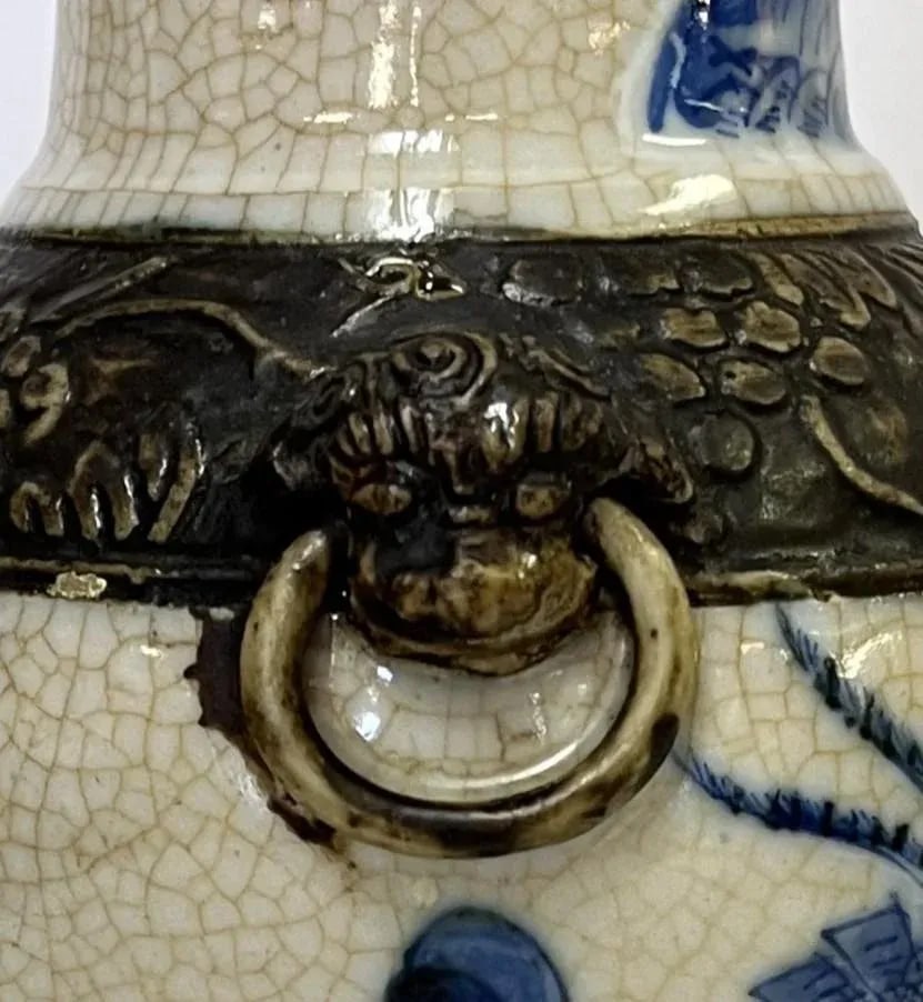 Early 20th Century Chinoiserie Hand Painted Blue and White Crackle Finish Porcelain Vase - 8