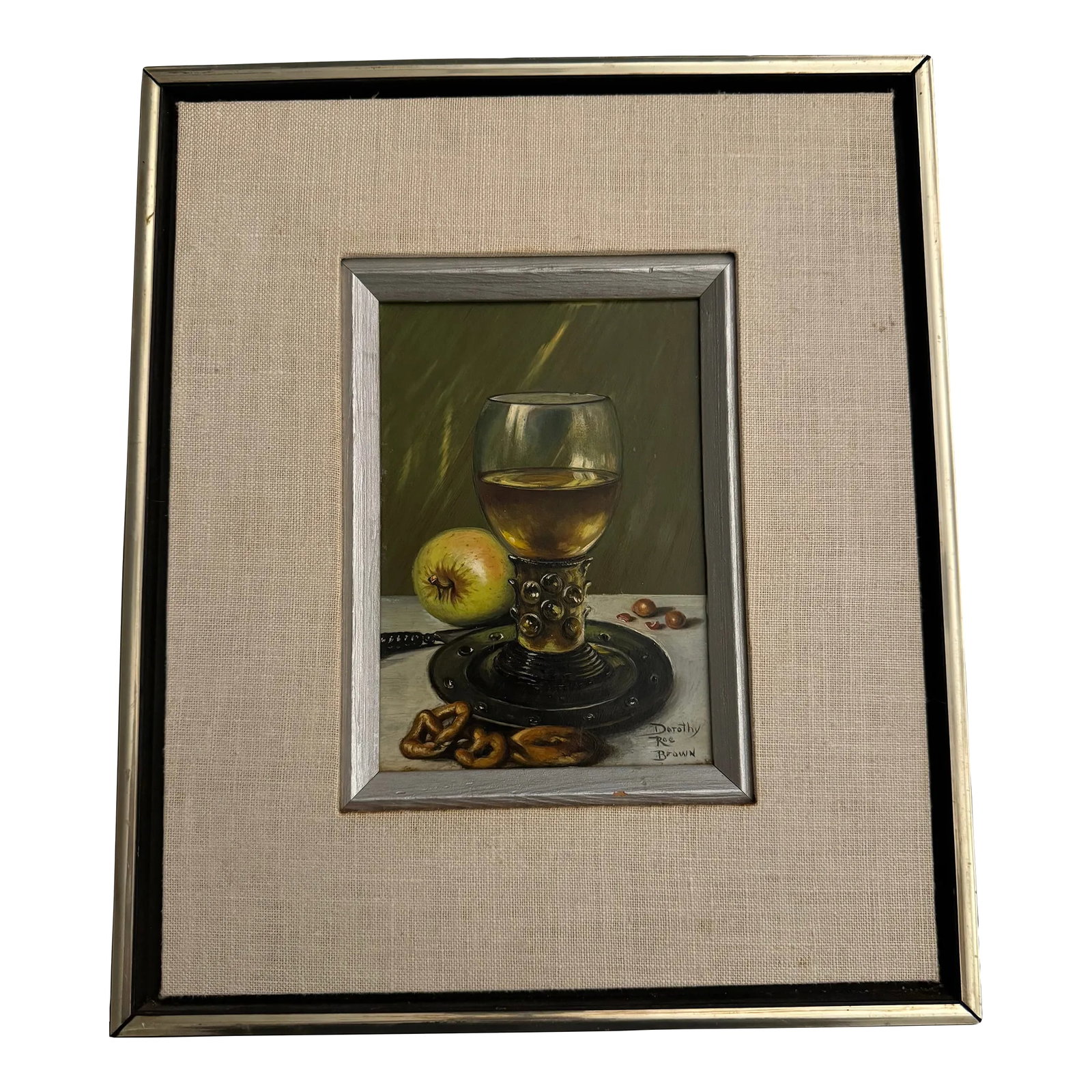 Dorothy Roe Brown Oil Painting on Board – Framed Still Life of Wine Bottle & Apple: Dorothy Roe Brown Oil Painting on Board – Framed Still Life of Wine Bottle & Apple This beautifully detailed oil painting by Dorothy Roe Brown features a classic still life of a wine bottle and
