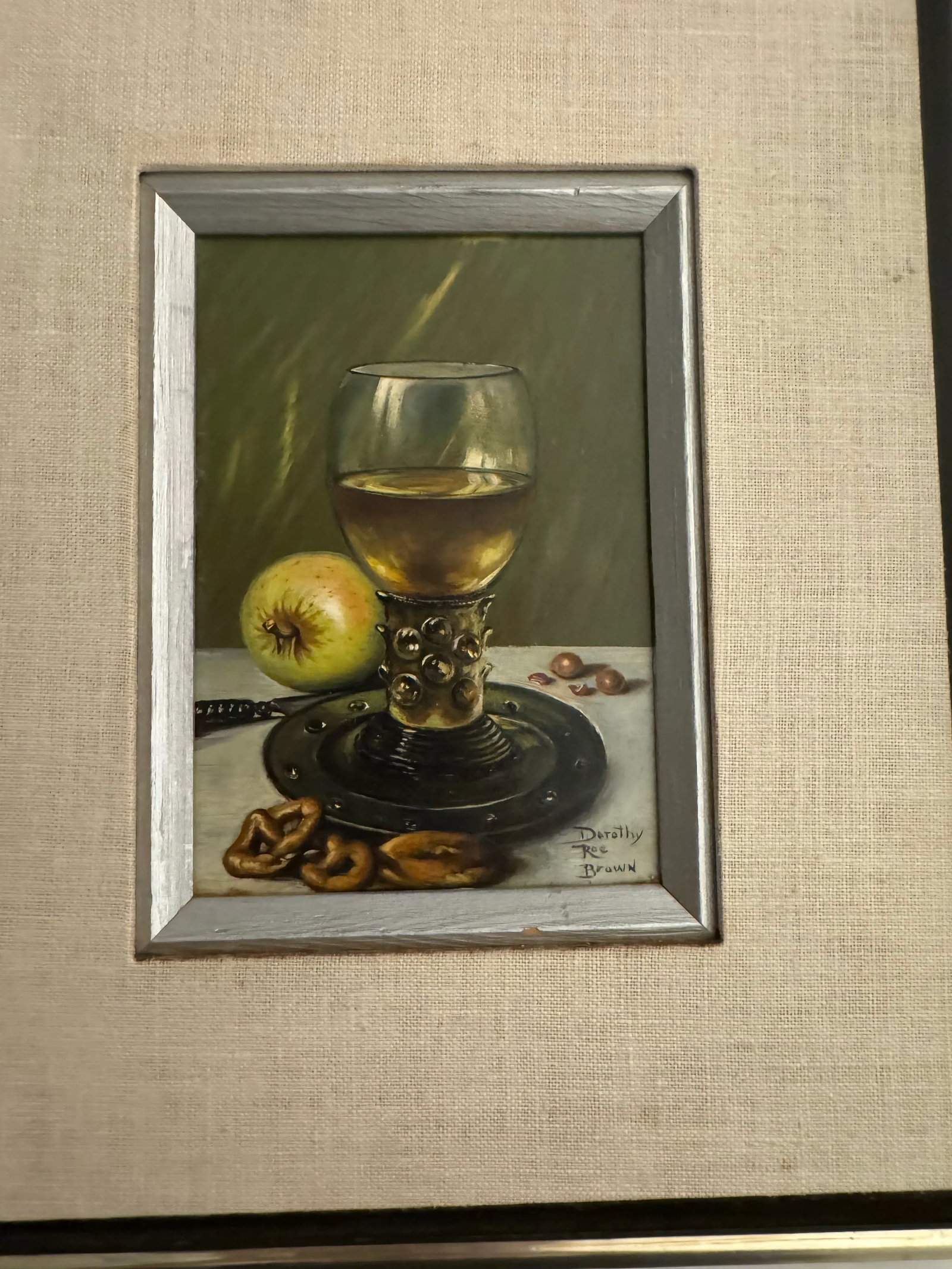 Dorothy Roe Brown Oil Painting on Board – Framed Still Life of Wine Bottle & Apple - 3