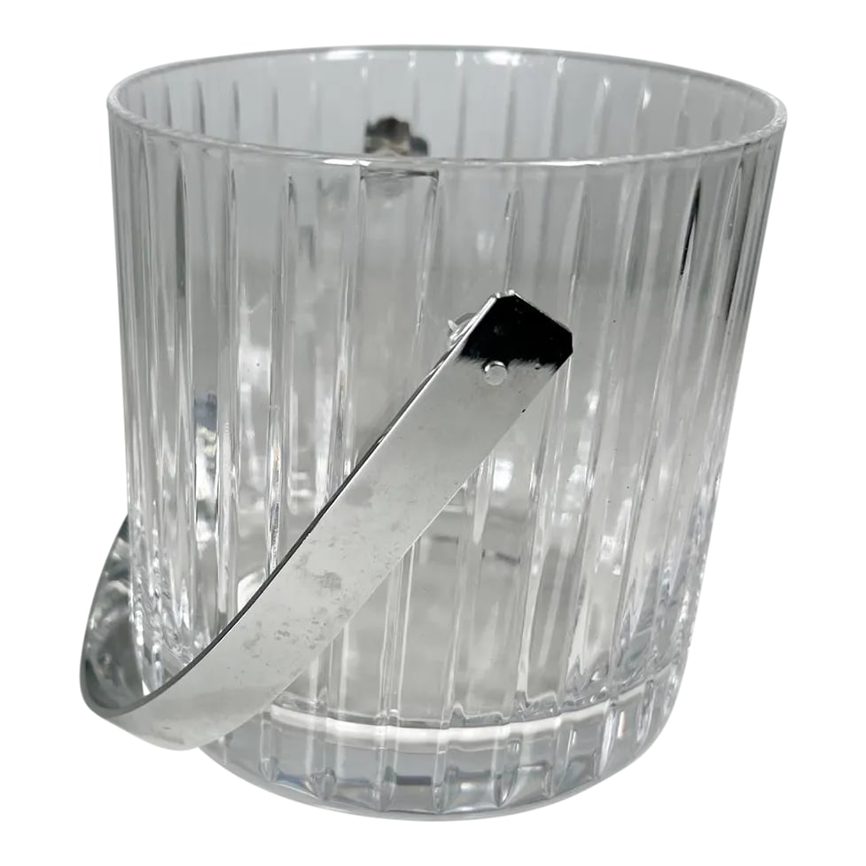 1960s Modernist Ribbed Crystal Glass Ice Bucket in Baccarat Style: For your consideration, a fine clear lead cryst Ice Bucket with stainless steel handle. Attributed by the prestigious French luxury manufacturer Baccarat Crystal.Collection: Part of the iconic