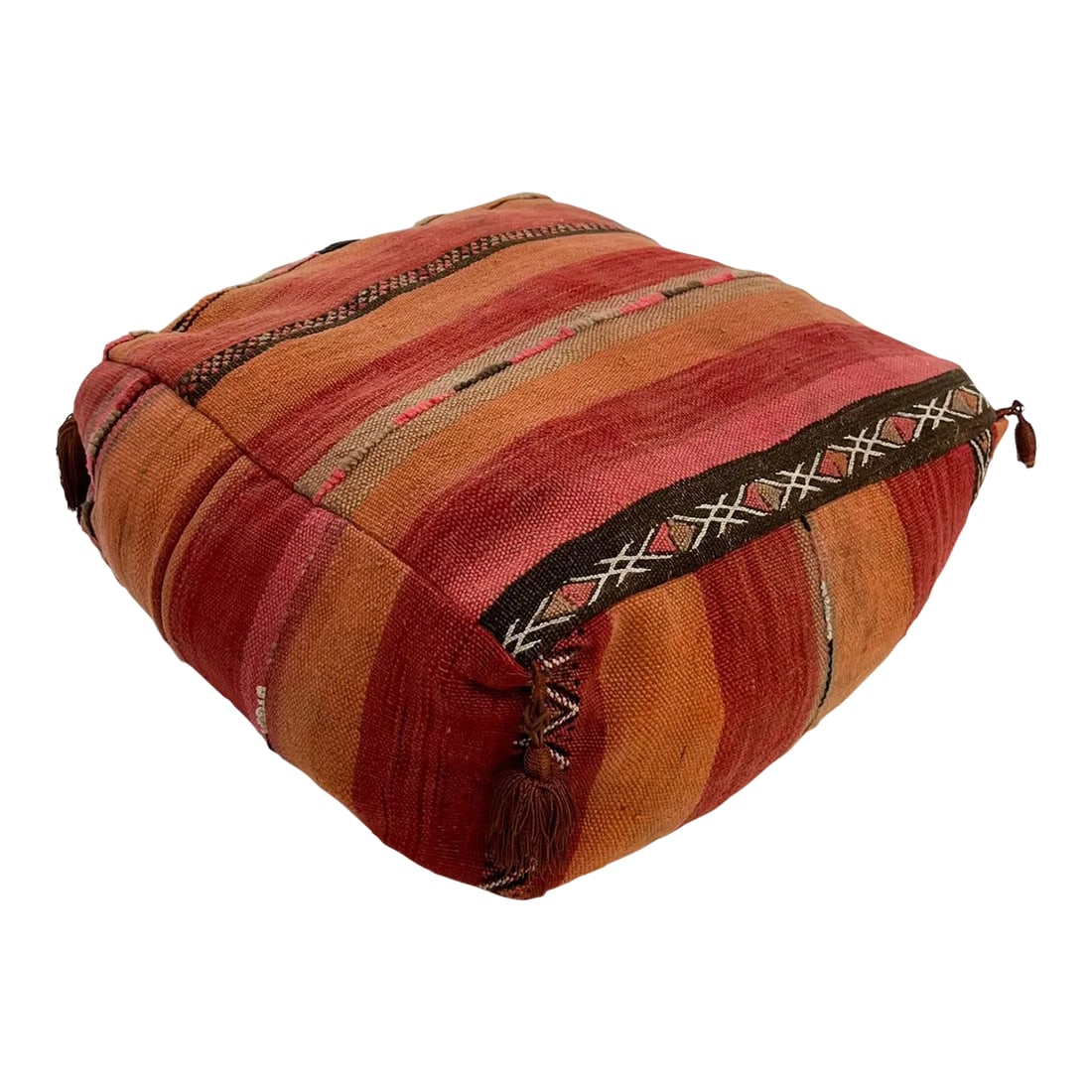Vintage Moroccan Kilim Floor Cushion Pillow, Geometric Fabric, 1970s: For your consideration, a 1970s vintage Moroccan kilim floor pillow cushion (Pouf). It features a hand-woven kilim fabric pattern with a vibrant palette of burnt orange, red, and geometric details.