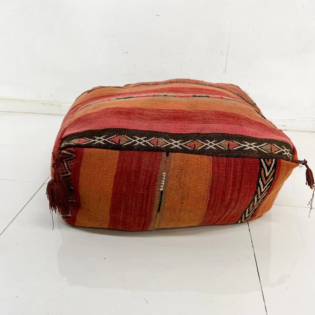 Vintage Moroccan Kilim Floor Cushion Pillow, Geometric Fabric, 1970s - 2