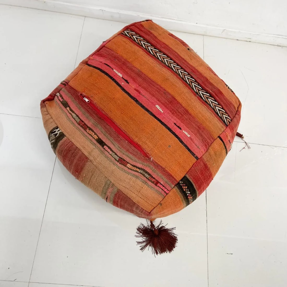 Vintage Moroccan Kilim Floor Cushion Pillow, Geometric Fabric, 1970s - 3