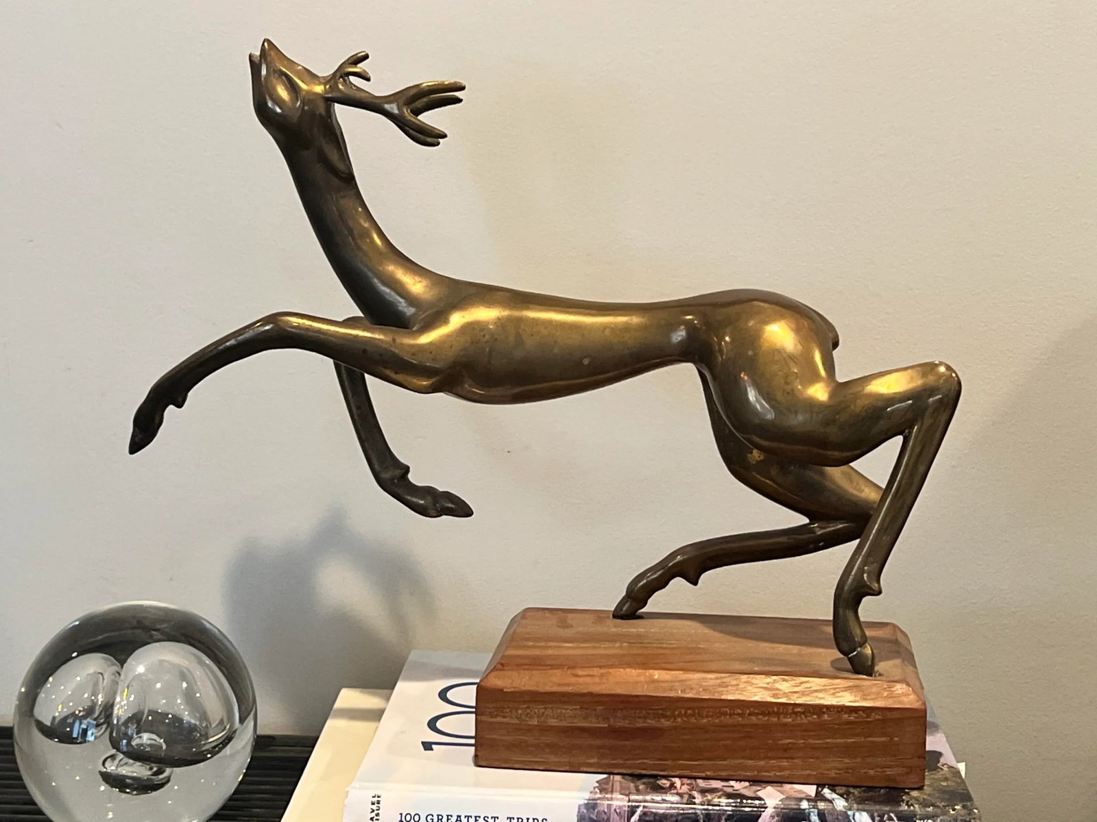 Mid-Century Brass Leaping Deer Sculpture on Wooden Base - 7