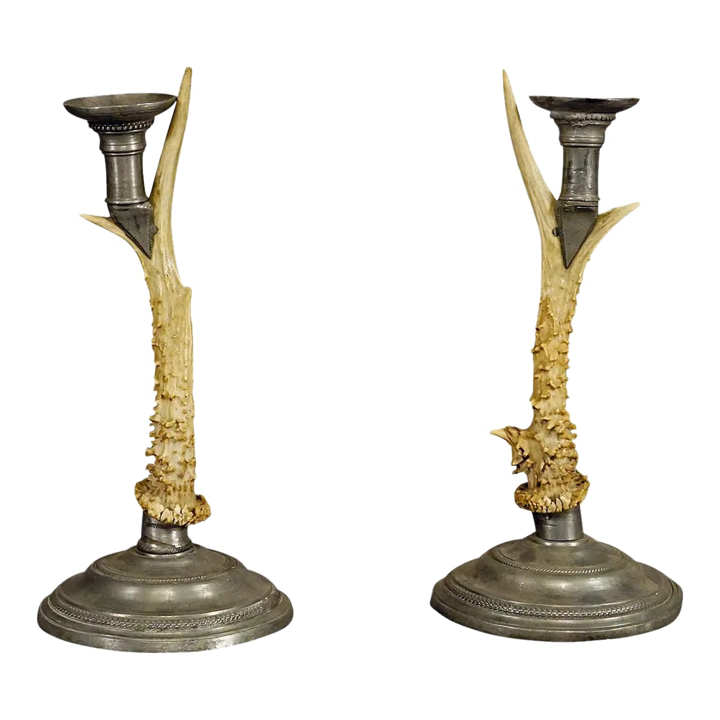 A Pair Black Forest Candle Holders With Pewter Base and Spout, Germany Ca. 1860s (1 of 8)