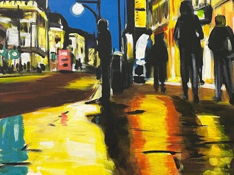 Oxford Street in London at Night With Figures & Red Bus by British Artist - 12