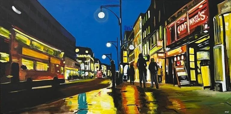 Oxford Street in London at Night With Figures & Red Bus by British Artist (1 of 12)
