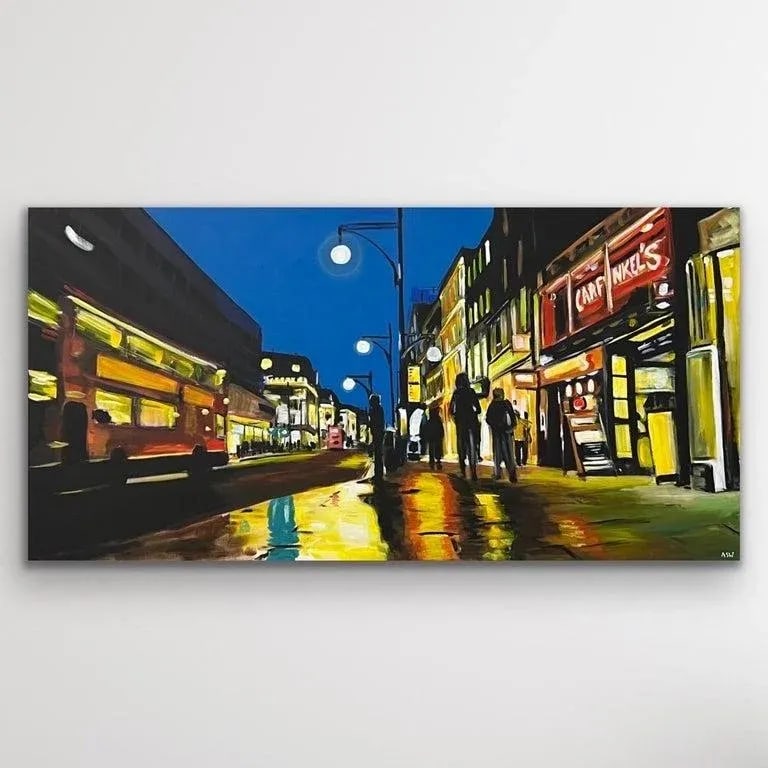 Oxford Street in London at Night With Figures & Red Bus by British Artist - 2