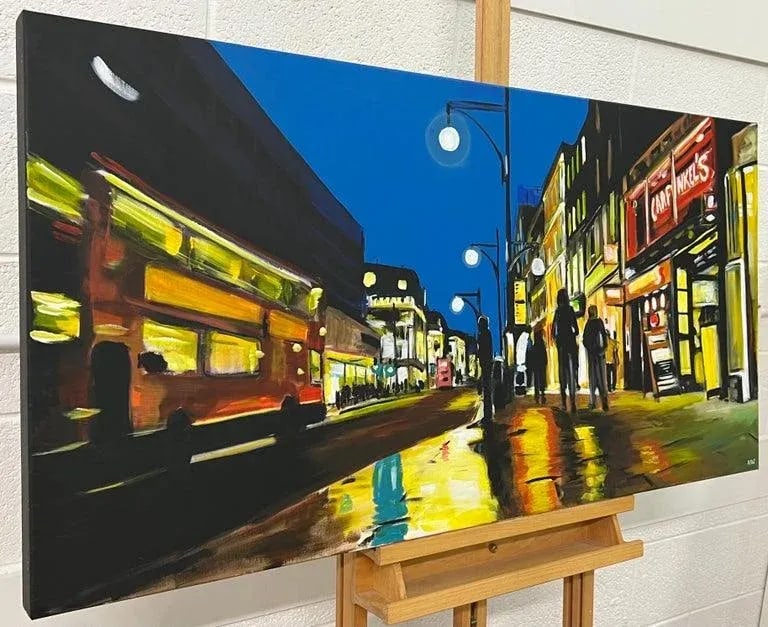 Oxford Street in London at Night With Figures & Red Bus by British Artist - 4