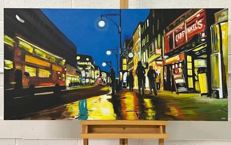 Oxford Street in London at Night With Figures & Red Bus by British Artist - 5
