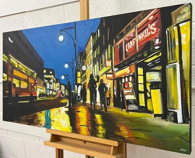 Oxford Street in London at Night With Figures & Red Bus by British Artist - 6