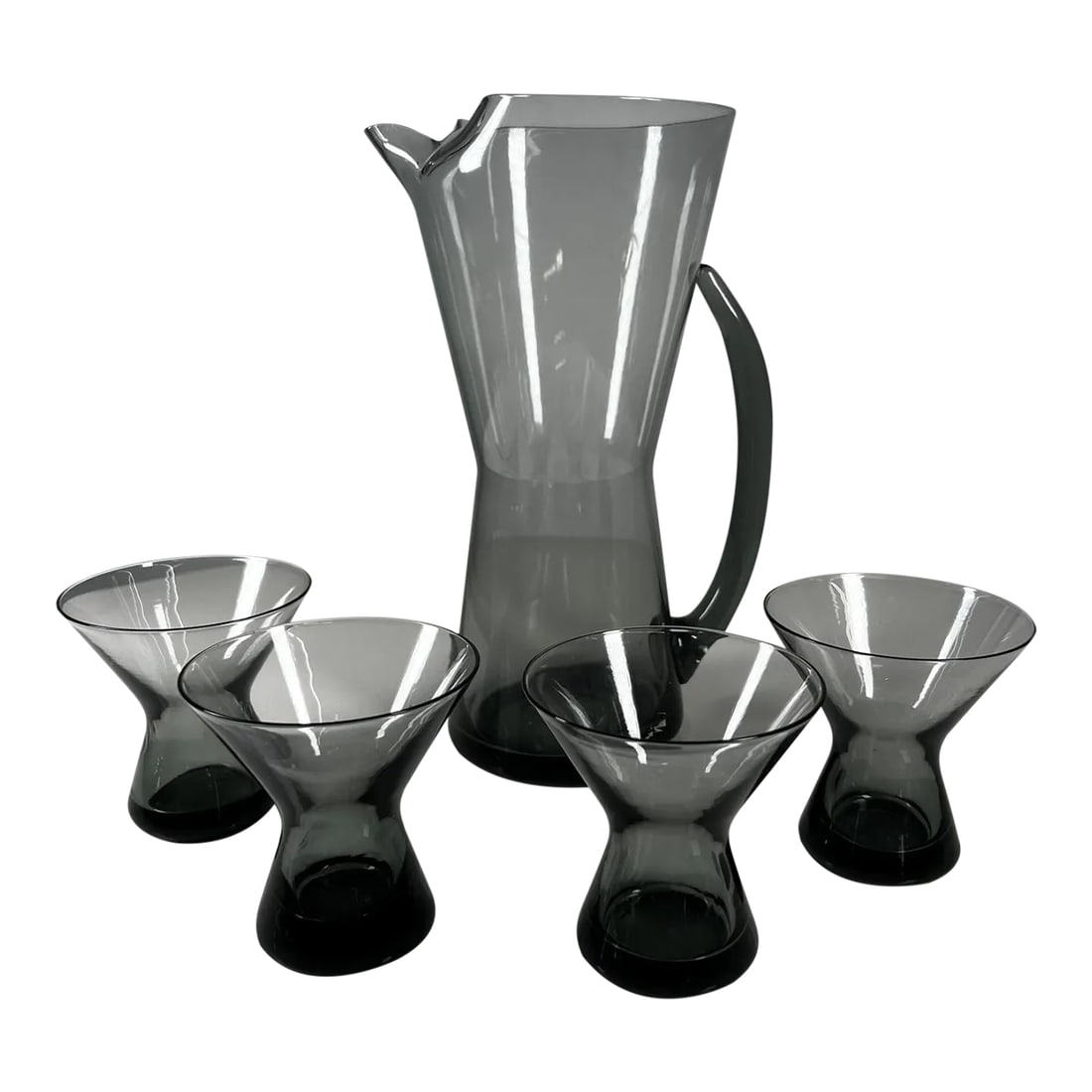 1958 Morgantown Wv Hoffman House Glass Martini Pitcher & Four Glasses: For your consideration, a set which includes a glass martini pitcher & four (4) glasses attributed to Morgantown WV Hoffman House. Fabulous mid-century ,modern barware circa 1958. Unmarked. In the sty