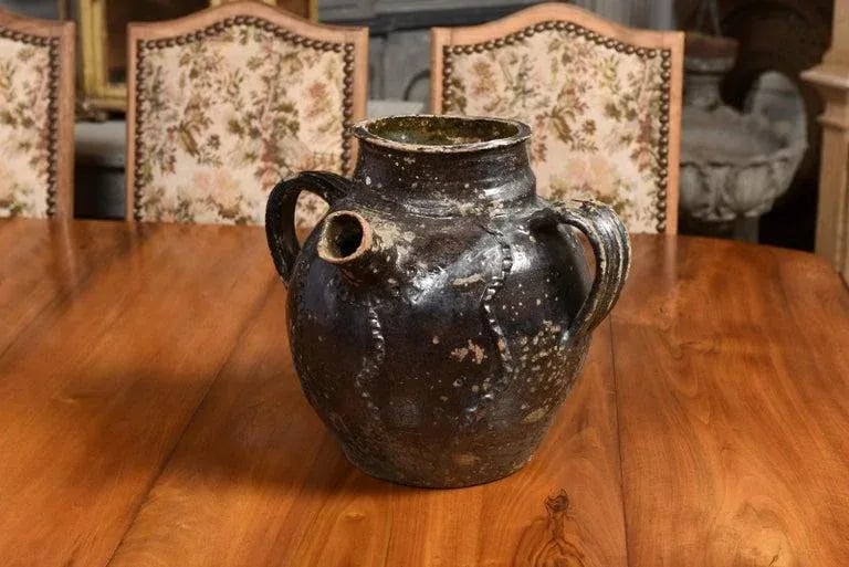 19th Century French Provincial Glazed Pottery Pouring Jug with Three Handles - 11