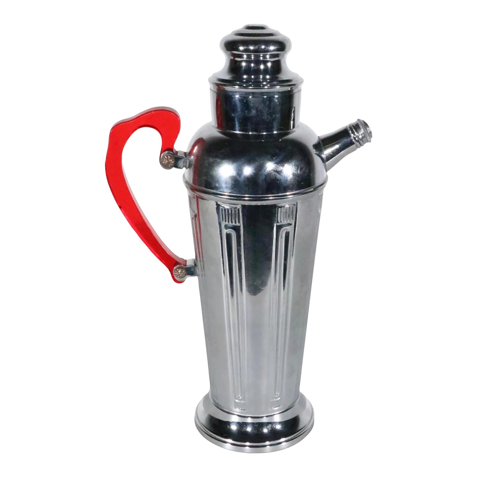 Art Deco Chrome Cocktail Shaker With Translucent Red Plastic Handle C 1930's: Chic Art Deco cocktail shaker with bright chrome body and stylish translucent red plastic handle. This example is in excellent original condition showing only light cosmetic wear normal and