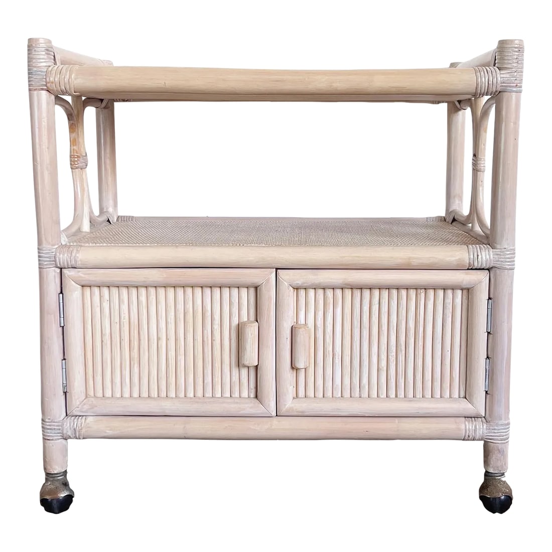 Boho Chic White Washed Bamboo Rattan and Wicker Bar Cart: Add a touch of casual elegance to your home with the Boho Chic White Washed Bamboo Rattan and Wicker Bar Cart. The natural bamboo frame is artfully combined with rattan and wicker, then finished with