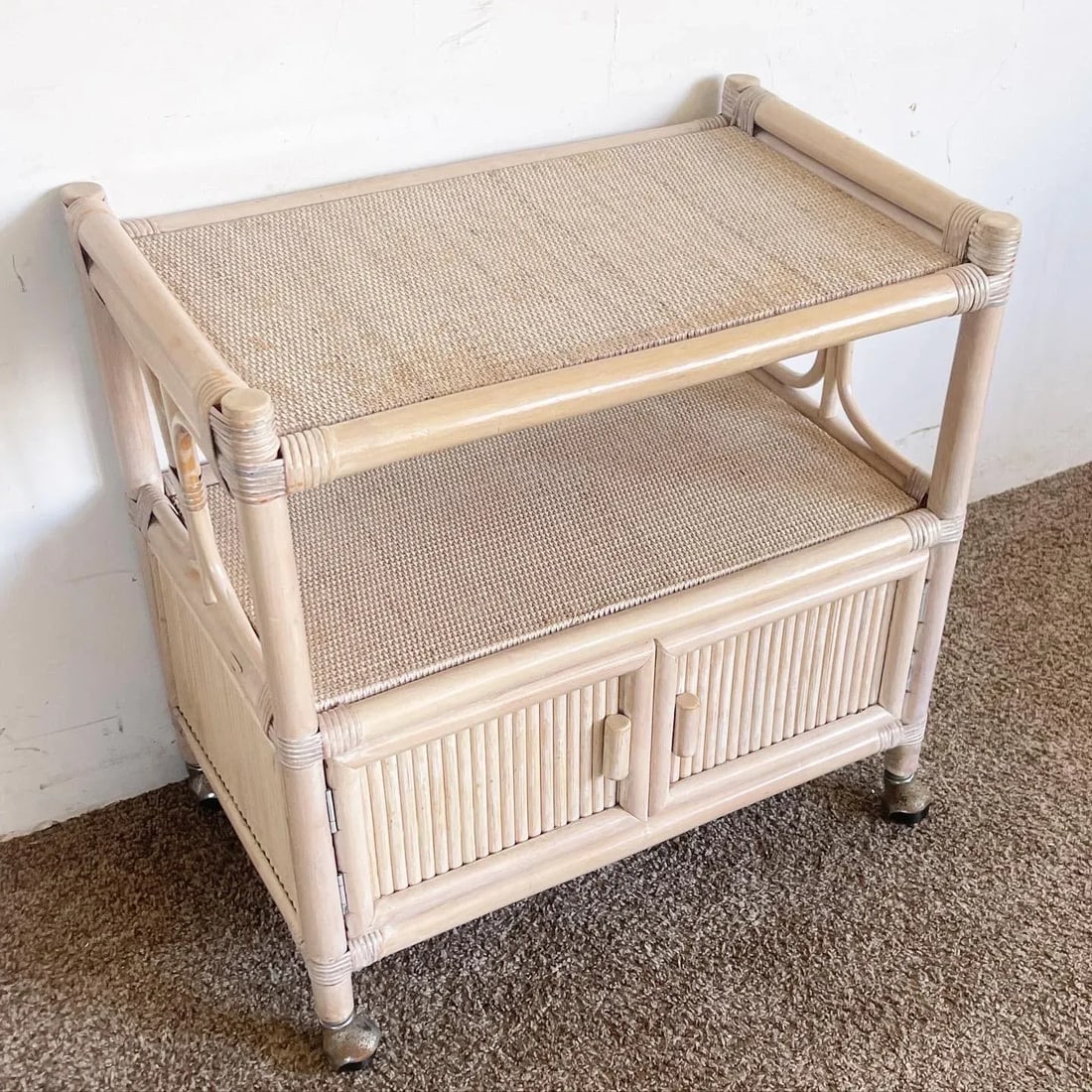 Boho Chic White Washed Bamboo Rattan and Wicker Bar Cart - 2