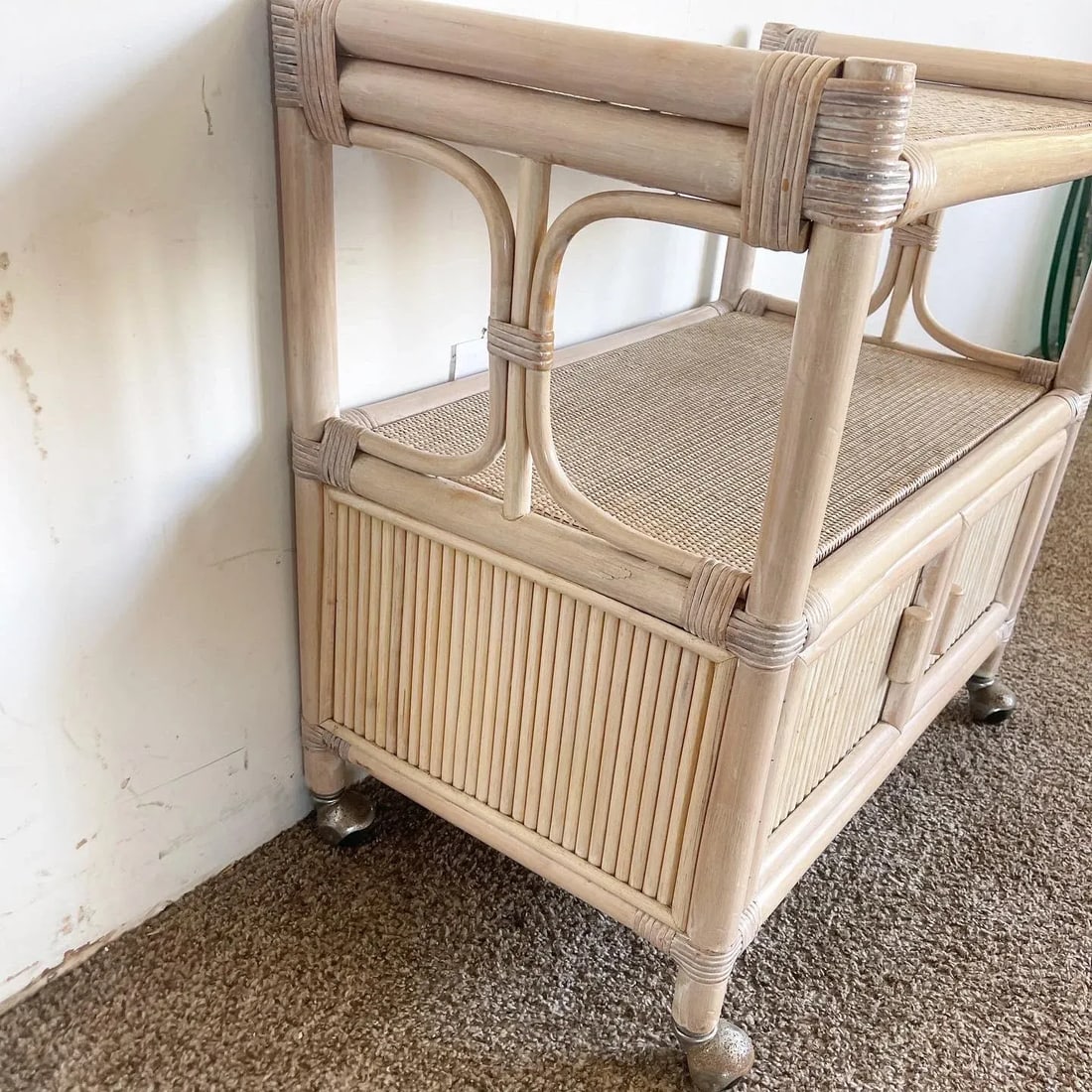 Boho Chic White Washed Bamboo Rattan and Wicker Bar Cart - 3