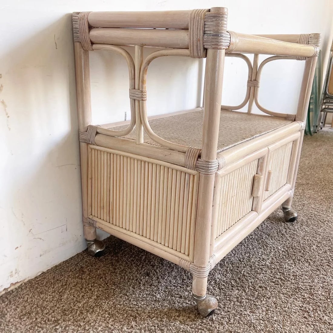 Boho Chic White Washed Bamboo Rattan and Wicker Bar Cart - 4