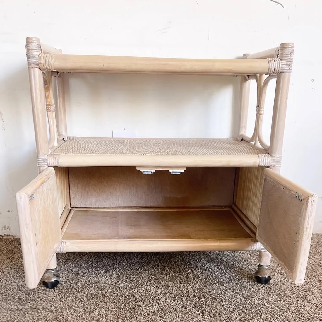Boho Chic White Washed Bamboo Rattan and Wicker Bar Cart - 6