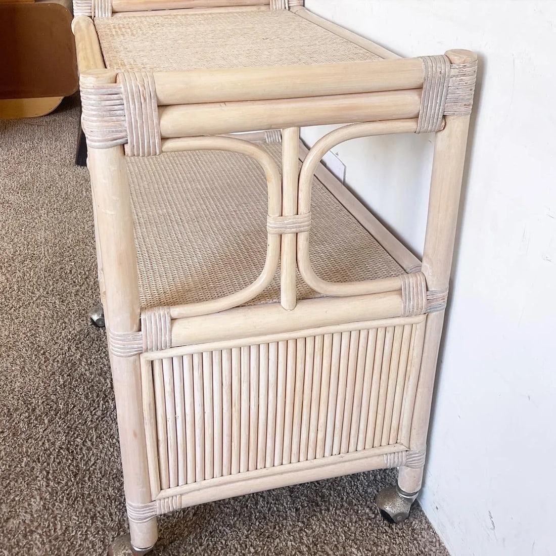 Boho Chic White Washed Bamboo Rattan and Wicker Bar Cart - 7