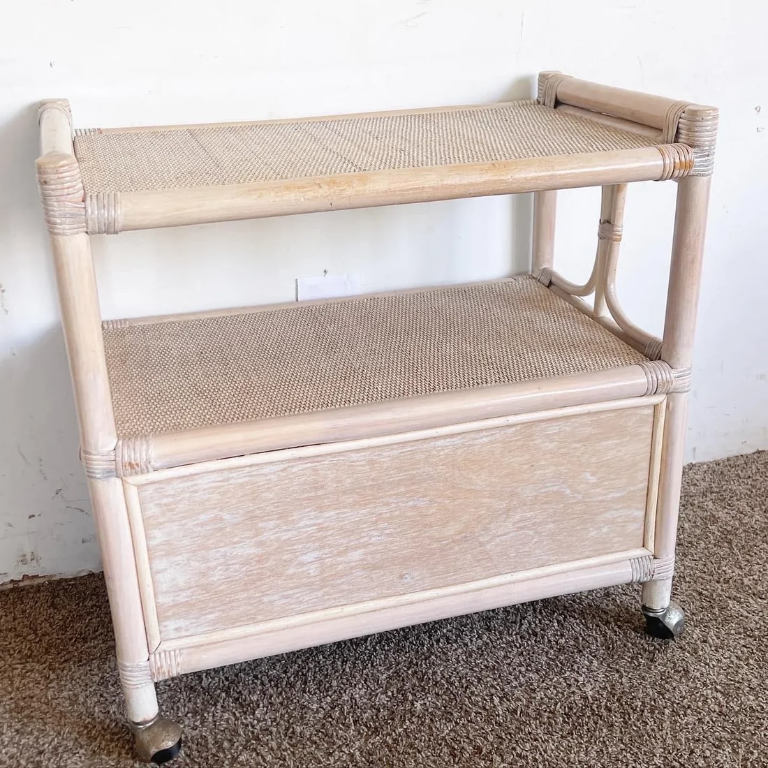 Boho Chic White Washed Bamboo Rattan and Wicker Bar Cart - 8
