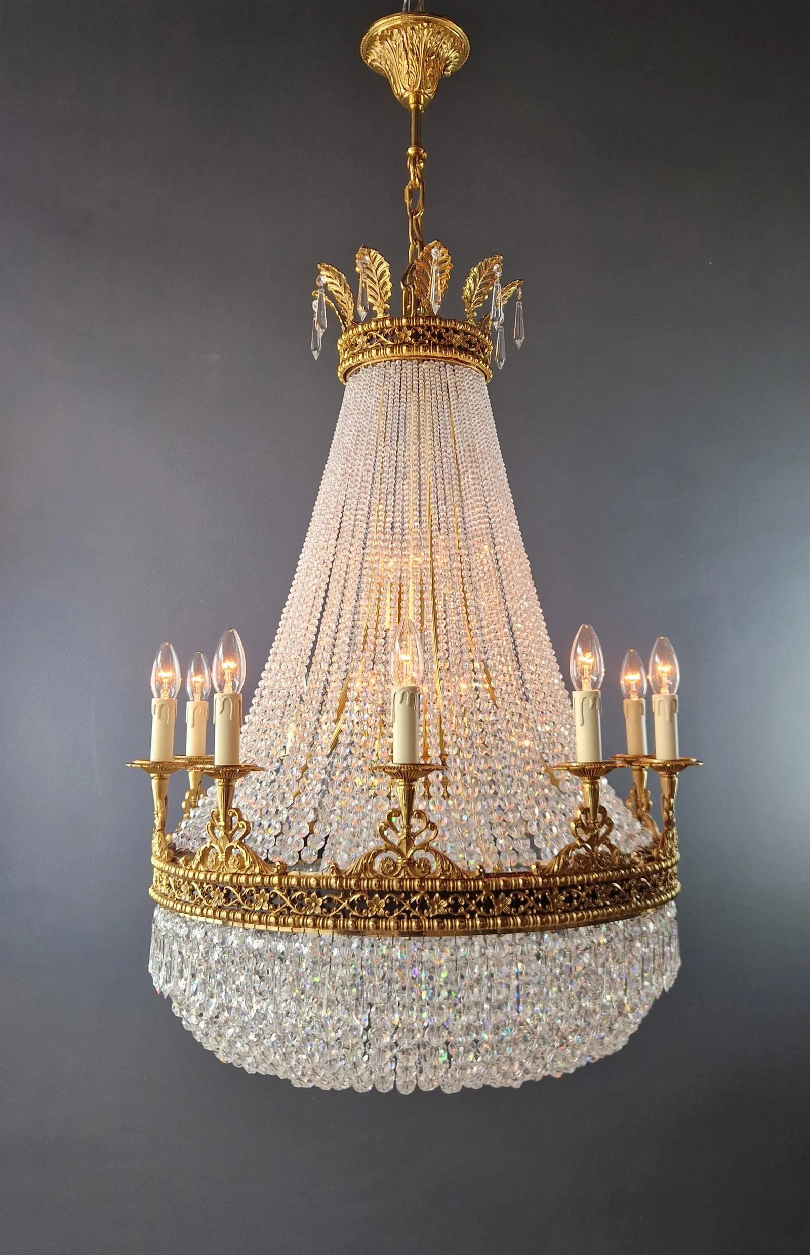 21st Century Brass Basket Empire Sac a Pearl Chandelier Beaded Crystal Lustre Lamp Antique - 2
