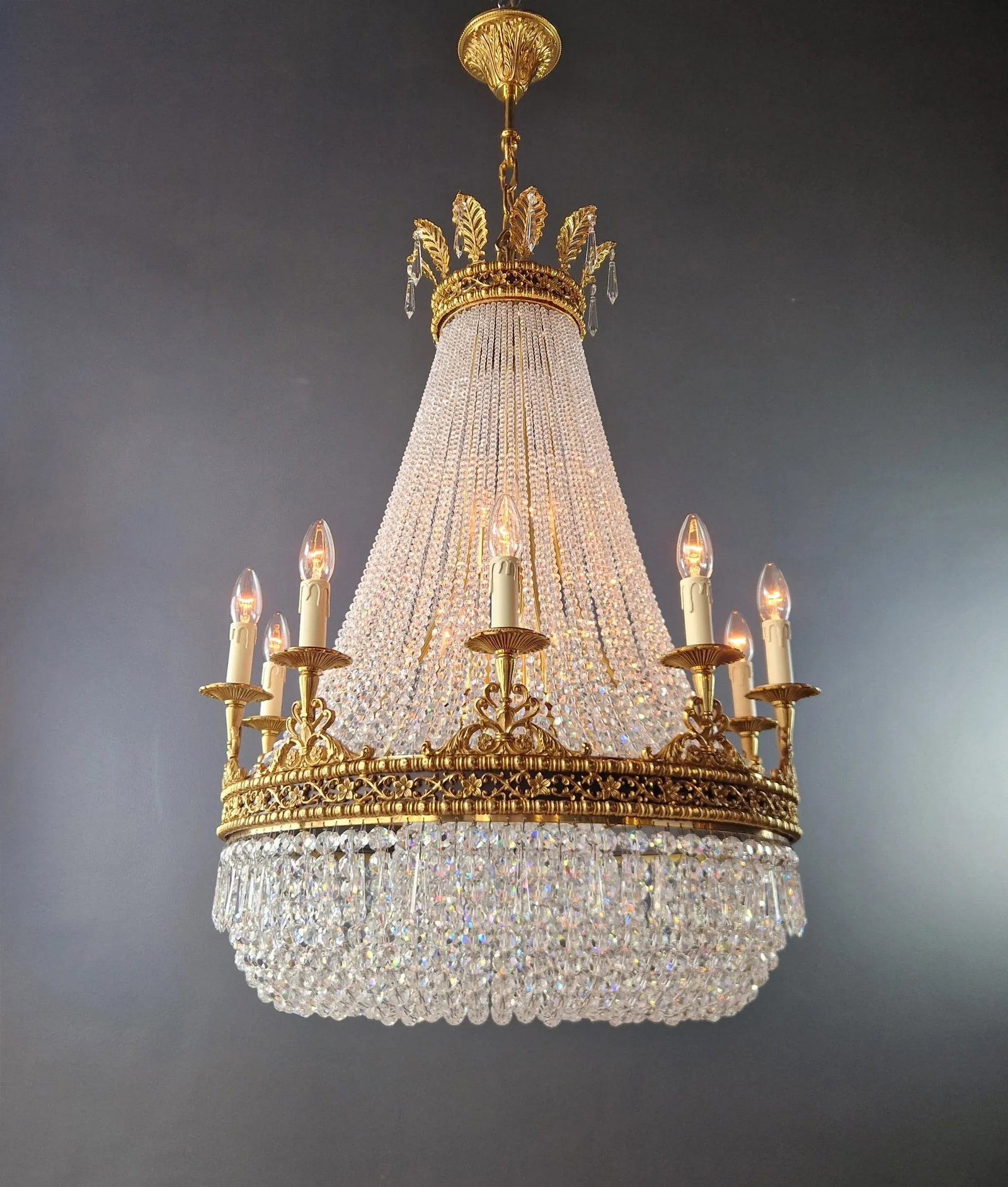21st Century Brass Basket Empire Sac a Pearl Chandelier Beaded Crystal Lustre Lamp Antique - 3