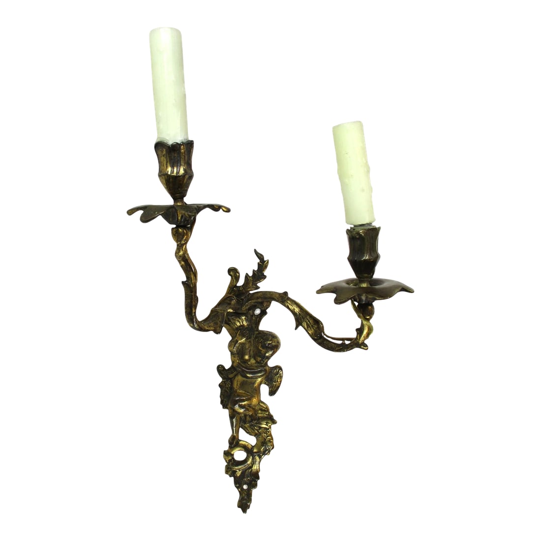 Late 19th Century French Bronze Double Candle Sconce Electrified Louis XV Style Gilt Bronze Cherub O: French Bronze Double Candle Wall Sconce Louis XVI Style Gilt Bronze Cherub Ormolu Dore Antique Newer Electrification with candle sleaves. Condition: Alterations: Original Design Modified Imperfections