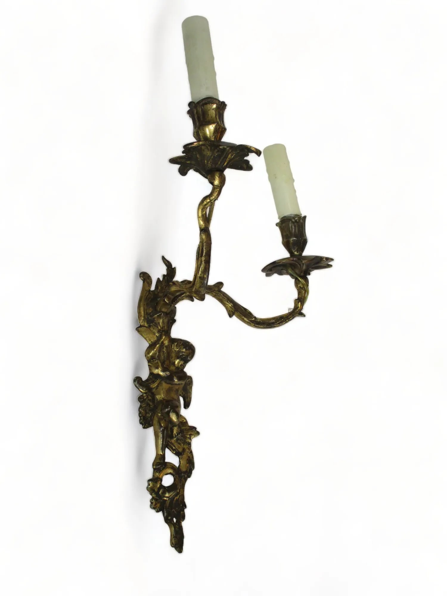 Late 19th Century French Bronze Double Candle Sconce Electrified Louis XV Style Gilt Bronze Cherub O - 3