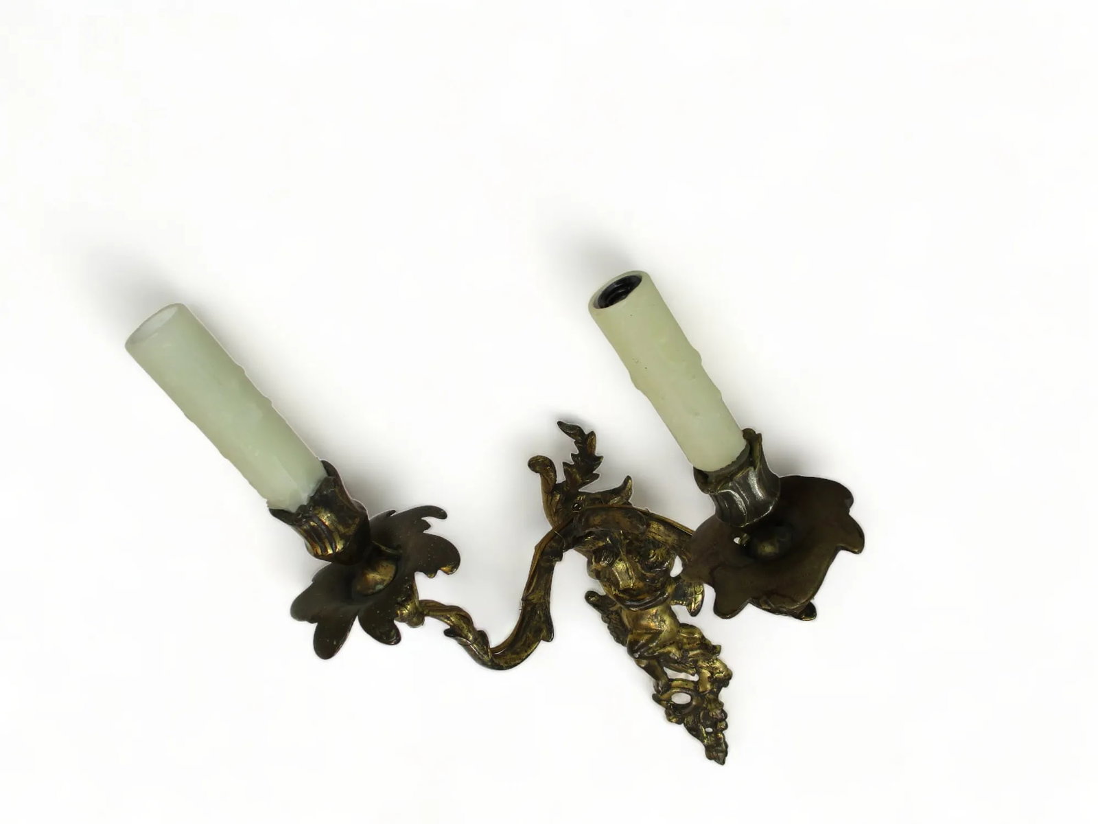 Late 19th Century French Bronze Double Candle Sconce Electrified Louis XV Style Gilt Bronze Cherub O - 6