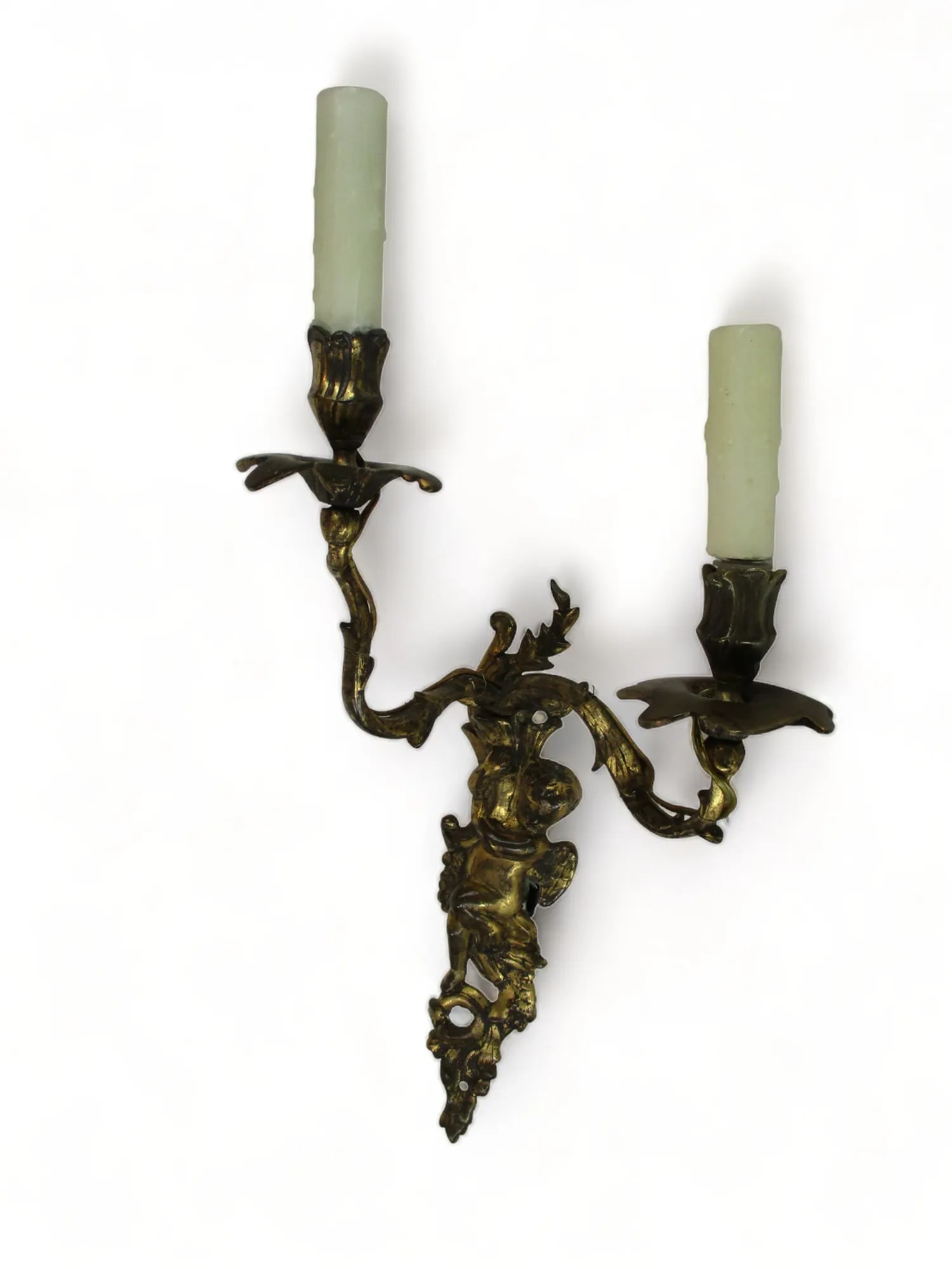 Late 19th Century French Bronze Double Candle Sconce Electrified Louis XV Style Gilt Bronze Cherub O - 8