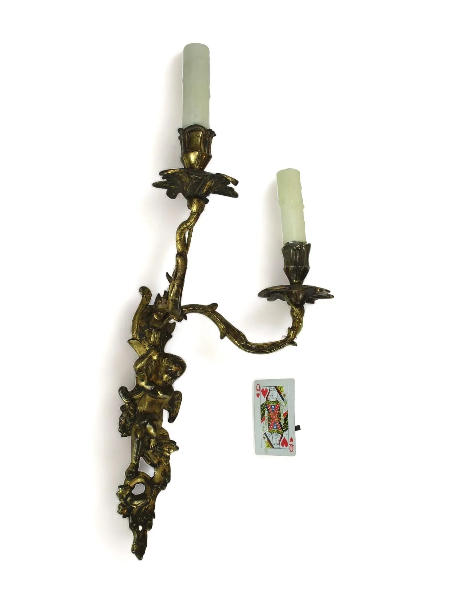 Late 19th Century French Bronze Double Candle Sconce Electrified Louis XV Style Gilt Bronze Cherub O - 9