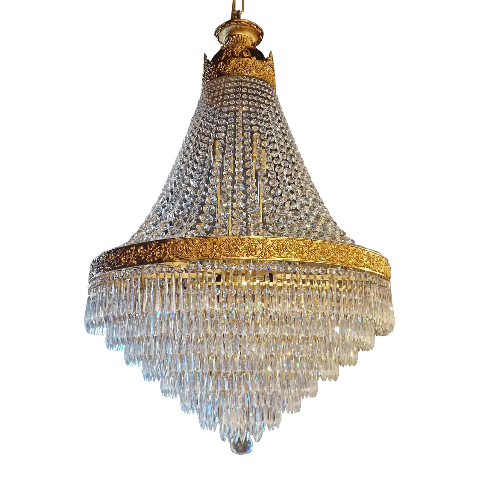 21st Century Brass Basket Empire Sac a Pearl Chandelier Crystal Lustre Lamp: Introducing a stunning Brass Basket Empire Sac-a-Pearl Chandelier, an exquisite piece adorned with mesmerizing crystals, evoking the classic style of the Empire era. This is a new reproduction and the