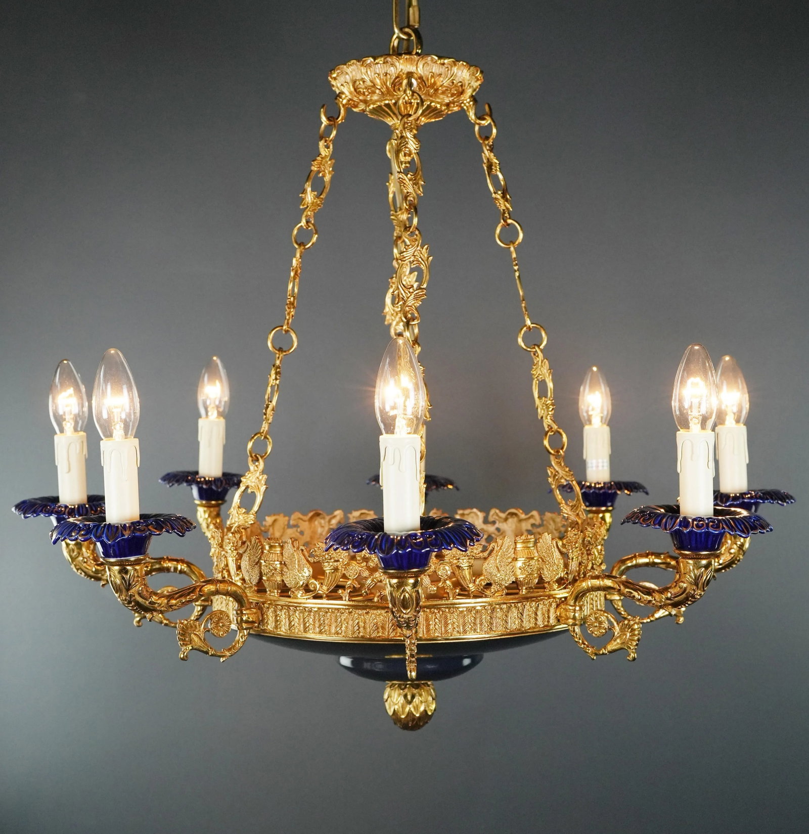 21st Century Art Deco Style Peacock Bird French Brass Empire Chandelier in Antique Gold - 3
