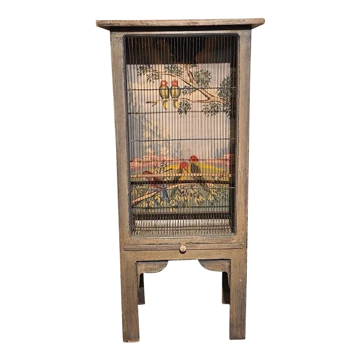 Vintage Hand Painted Bird Cage: Fabulous vintage standing birdcage. Worn teal colored paint. Thin wired front and sides and unbelievable Hand painted back panel Condition: Alterations: Original Condition Unaltered Imperfections: Som