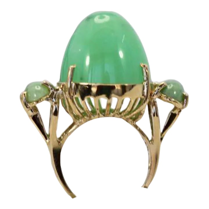 18k Bullet Chalcedony and Jade 3 Stone Ring: This is part of Chairish's Fine Jewelry assortment. 18K Bullet Chalcedony and Jade 3 Stone Ring in Yellow Gold This gorgeous 18K Bullet Chalcedony and Jade 3 Stone Ring in Yellow Gold is unique and yo