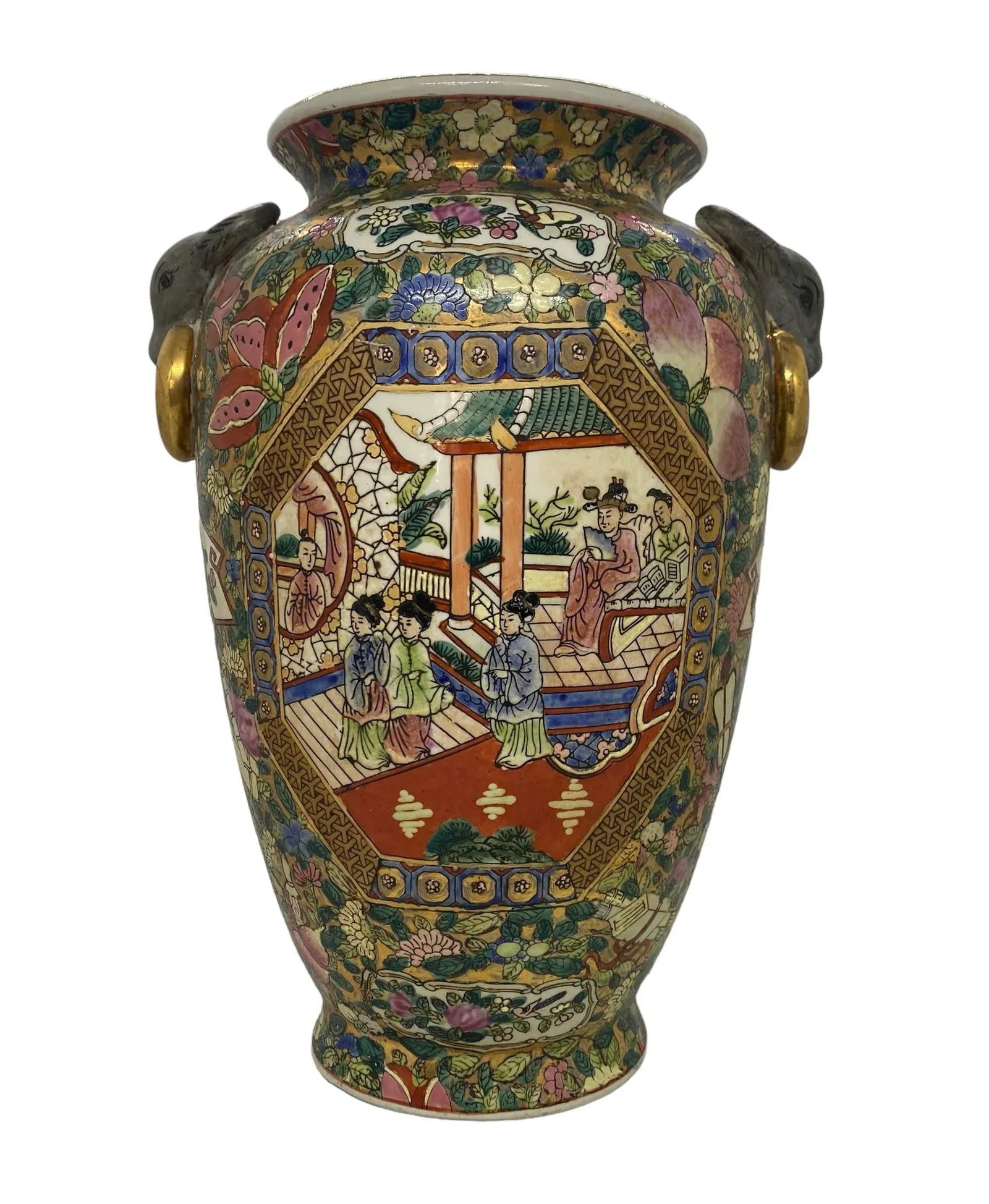 Late 20th Century Chinese Hand-Painted Porcelain Urn Vases With Bull Head Handles Design - a Pair - 5