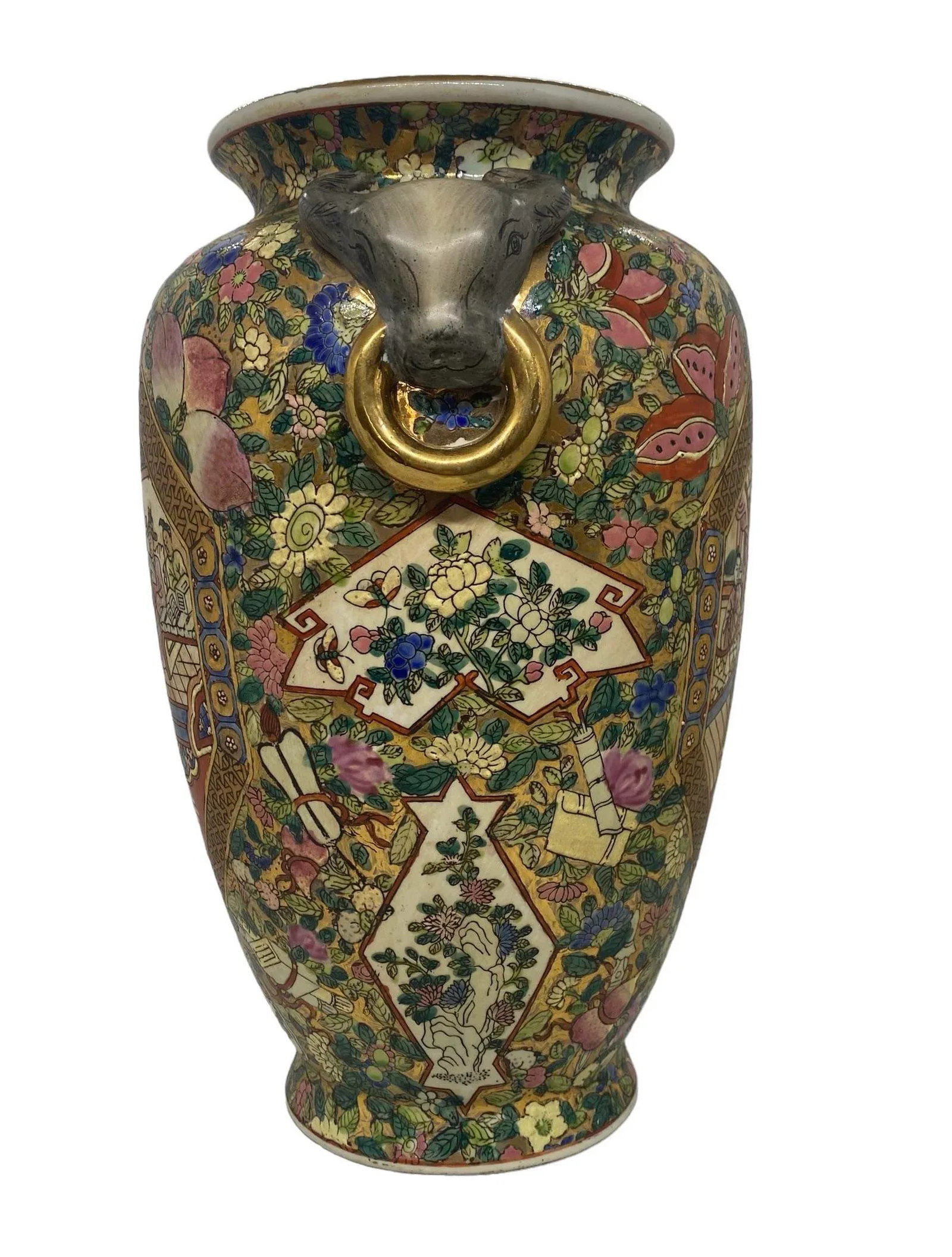 Late 20th Century Chinese Hand-Painted Porcelain Urn Vases With Bull Head Handles Design - a Pair - 6
