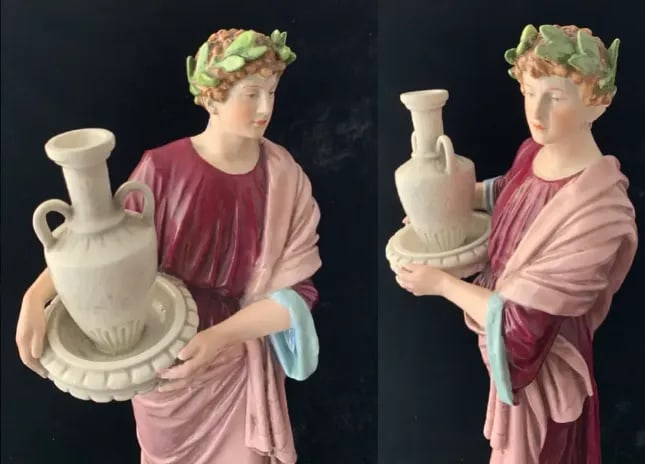 20 In. Tall Antique Bohemian Porcelain Sculptures- Water Jug Carriers - a Pair - 11