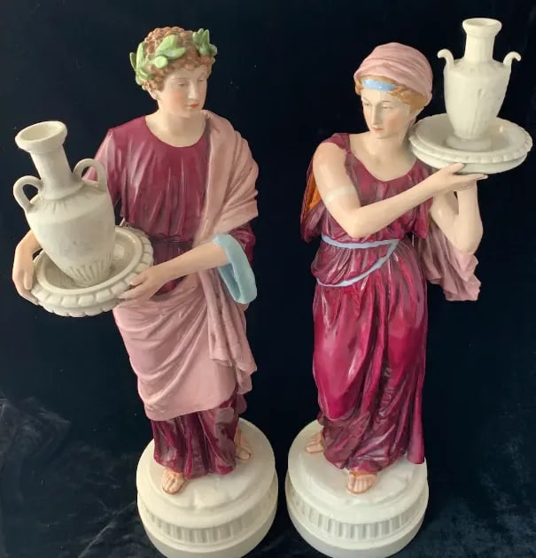 20 In. Tall Antique Bohemian Porcelain Sculptures- Water Jug Carriers - a Pair - 3