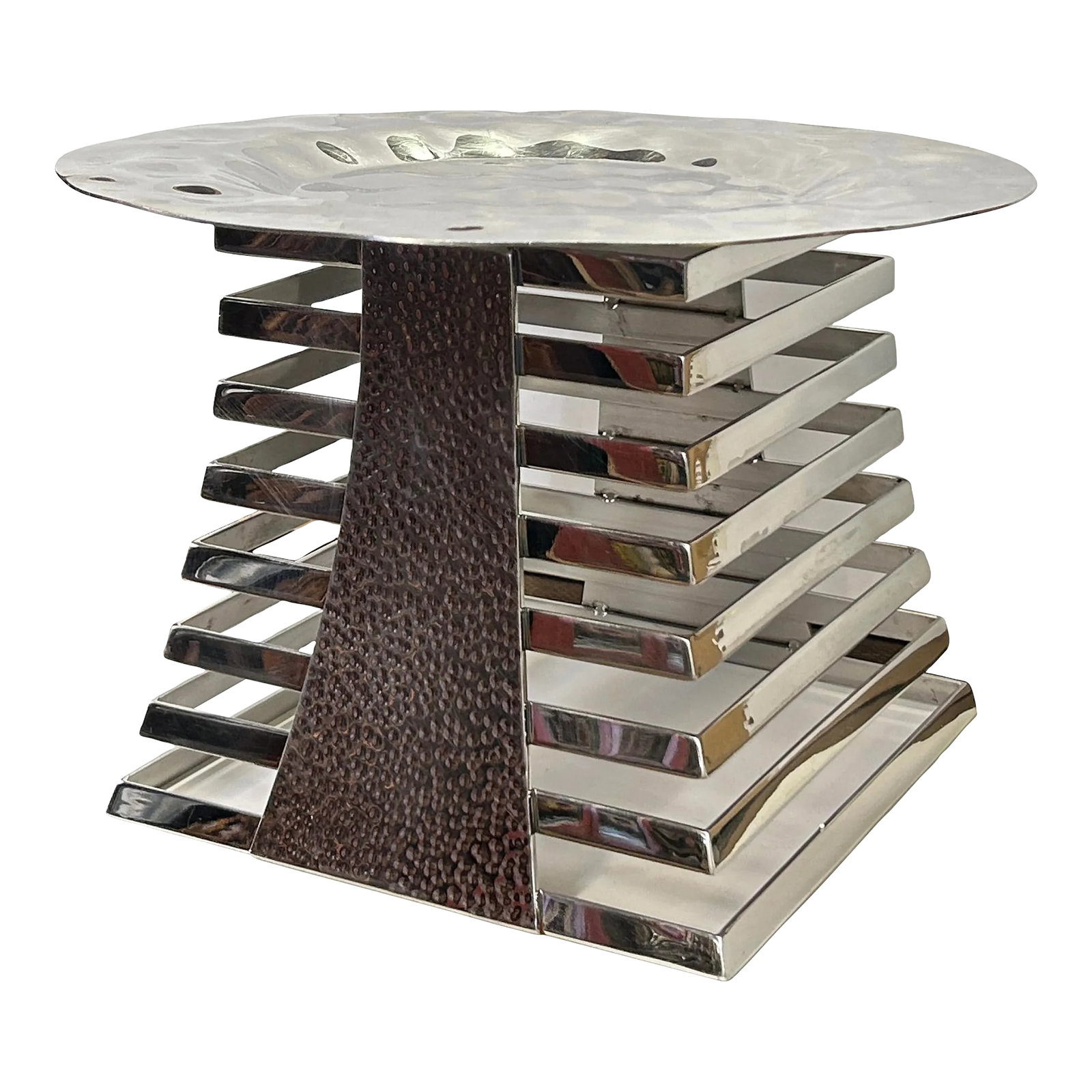 Punch Marks Stainless Steel Round Display Serving Plate on Tower: The Punch Marks Stainless Steel Round Display Serving Plate on a Tower base combines elegance with functionality, making it a striking addition to any dining or buffet setting. Crafted from