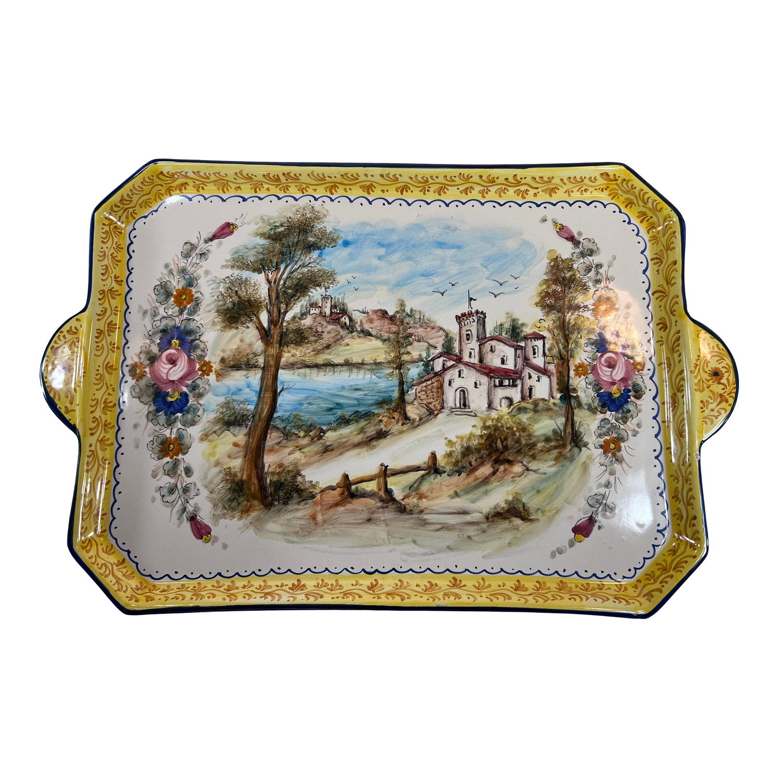 Italian Tray Dipinto A. Mano Pottery Hand-Painted Ceramic Serving Tray or Plate With Handles, Landsc: Very Good, Mint! One manufacturing imperfection in the glaze, please see the photos. This is a decorative, hand-painted ceramic serving tray or plate with handles, featuring a landscape scene with a