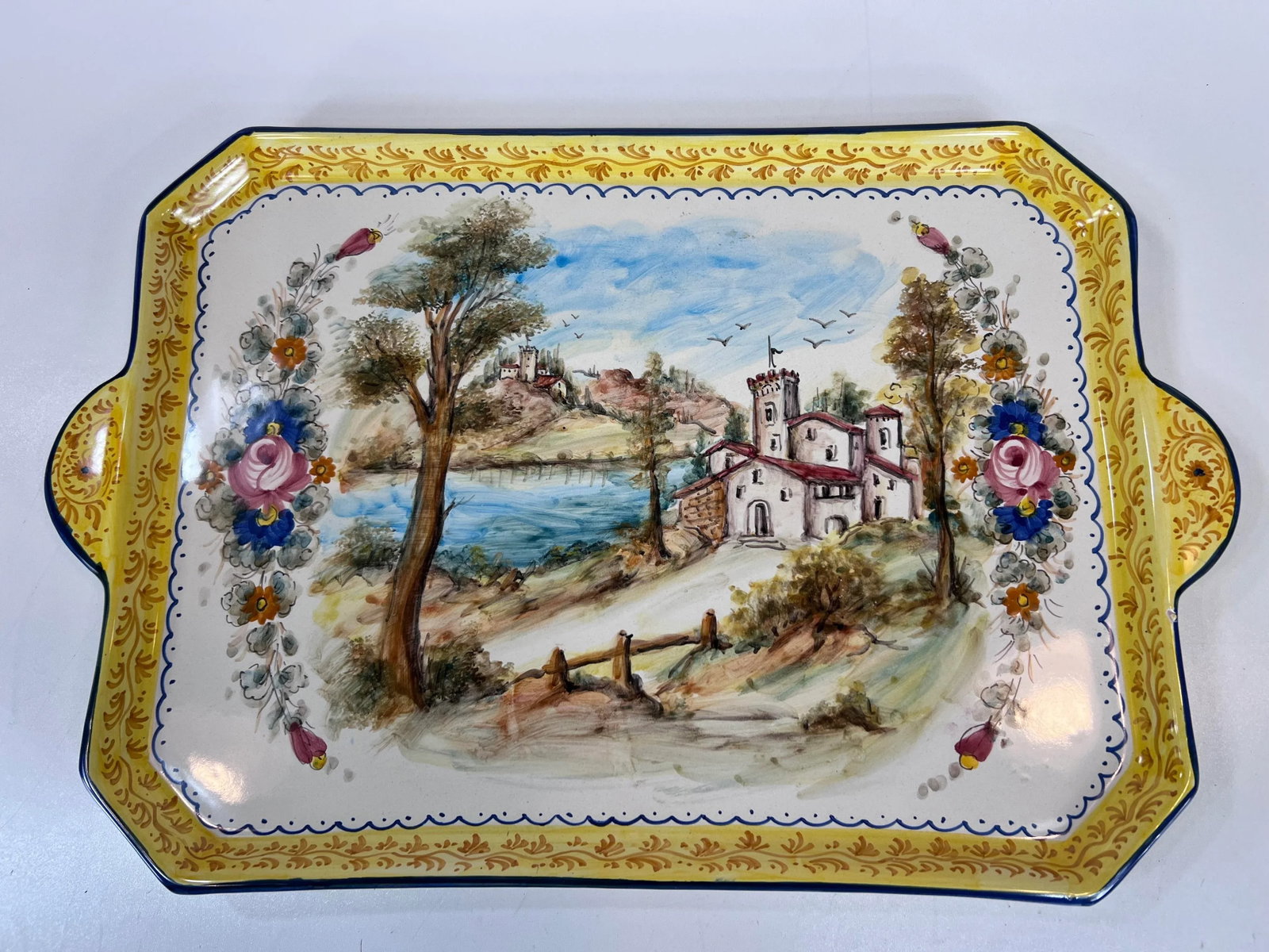 Italian Tray Dipinto A. Mano Pottery Hand-Painted Ceramic Serving Tray or Plate With Handles, Landsc - 9